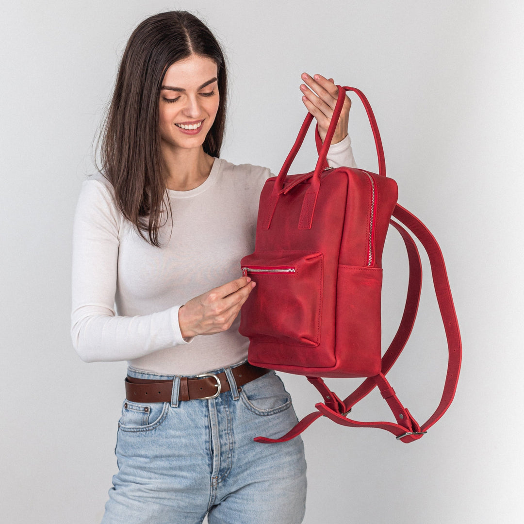 Red leather city backpack - Leather Purse Backpack