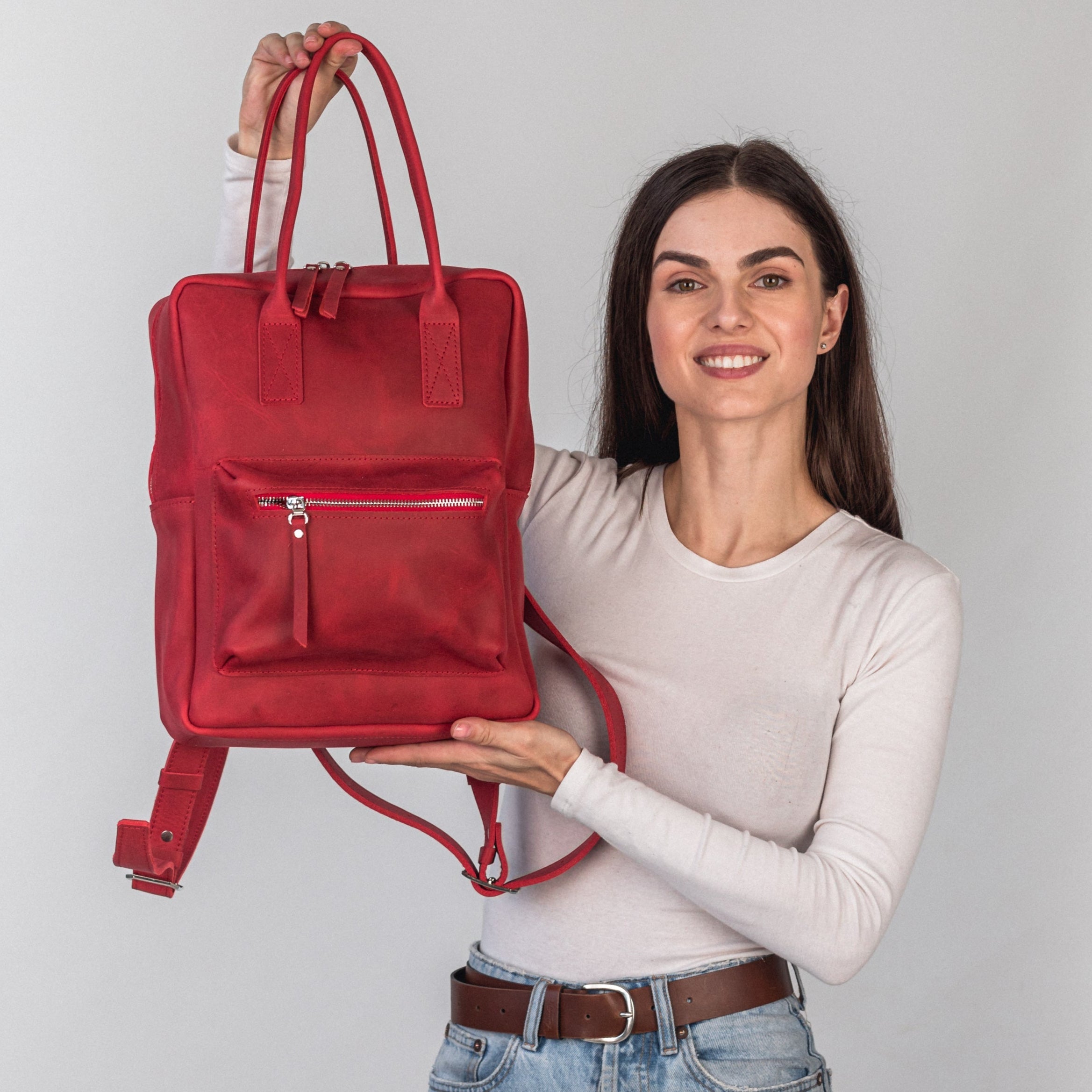 Red leather city backpack - Leather Purse Backpack