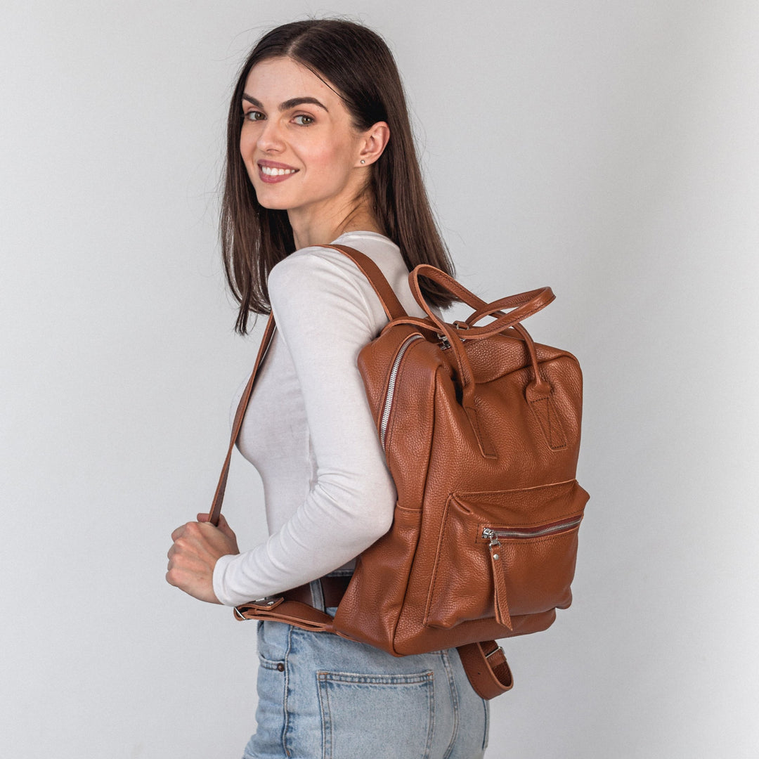 Brown pebbled  leather city backpack - Leather Purse Backpack