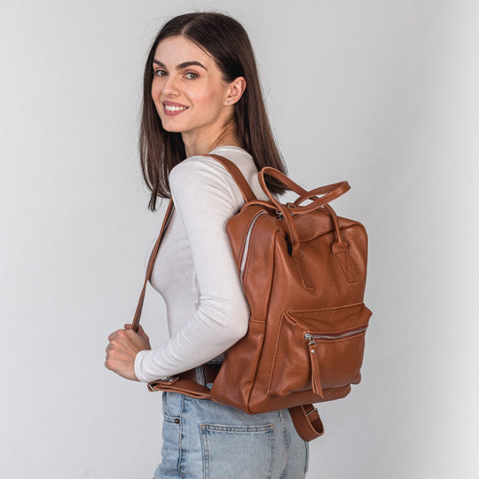 Brown pebbled  leather city backpack - Leather Purse Backpack