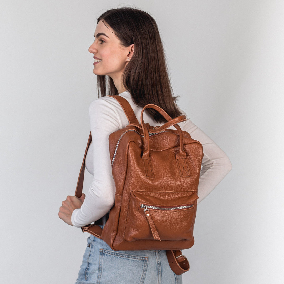 Brown pebbled  leather city backpack - Leather Purse Backpack