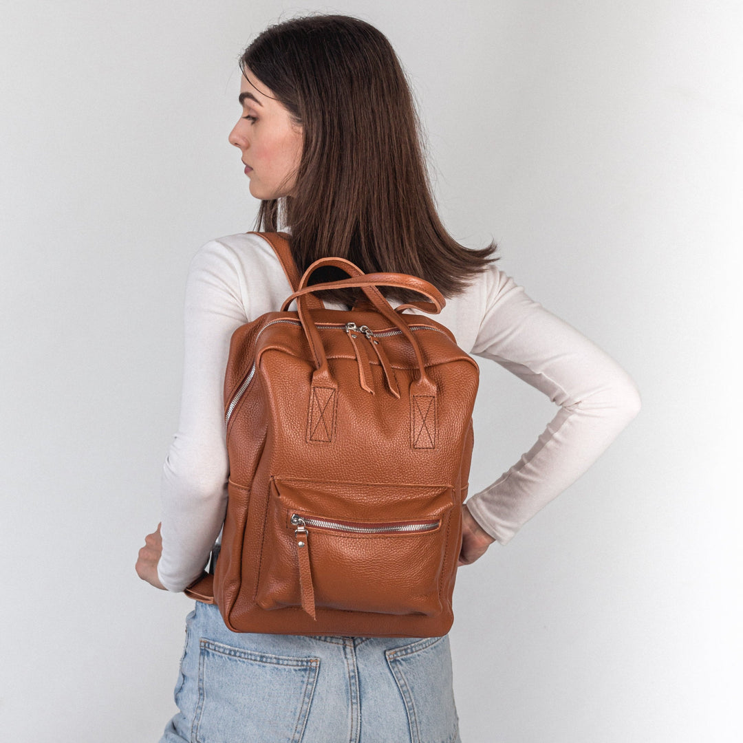 Brown pebbled  leather city backpack - Leather Purse Backpack