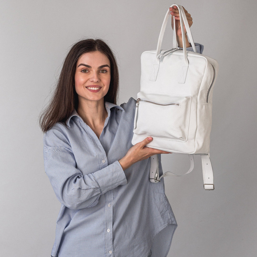 White pebbled  leather city backpack - Leather Purse Backpack