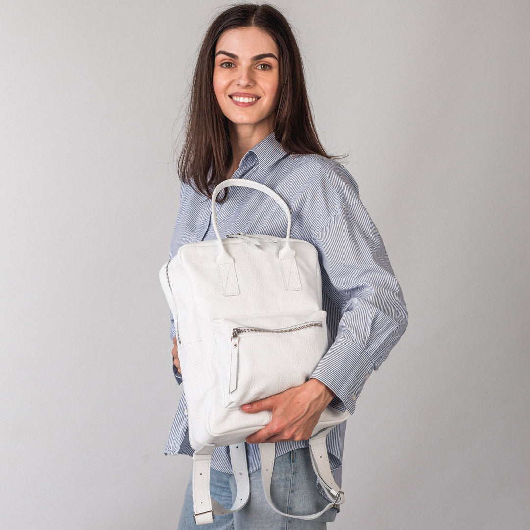 White pebbled  leather city backpack - Leather Purse Backpack