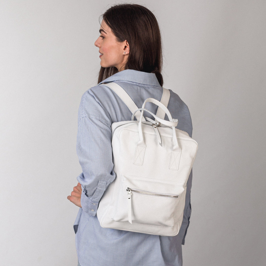 White pebbled  leather city backpack - Leather Purse Backpack
