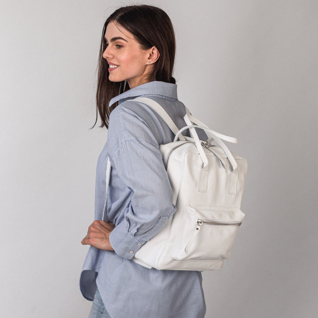 White pebbled  leather city backpack - Leather Purse Backpack