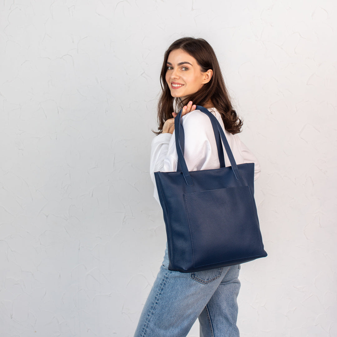 Navy Blue pebbled leather tote bag - Leather Purse Backpack