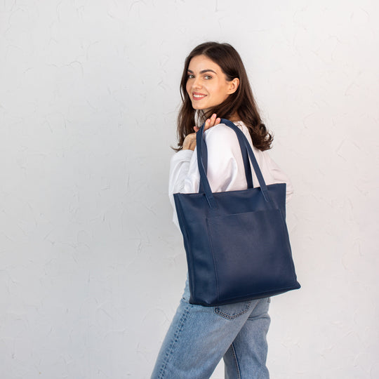 Navy Blue pebbled leather tote bag - Leather Purse Backpack