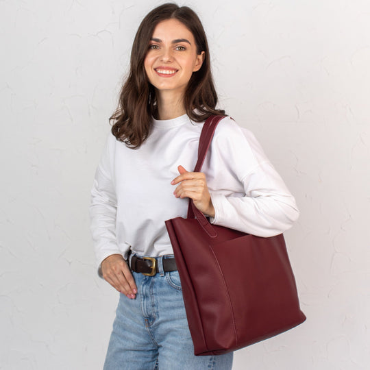 Burgundy pebbled leather tote bag - Leather Purse Backpack