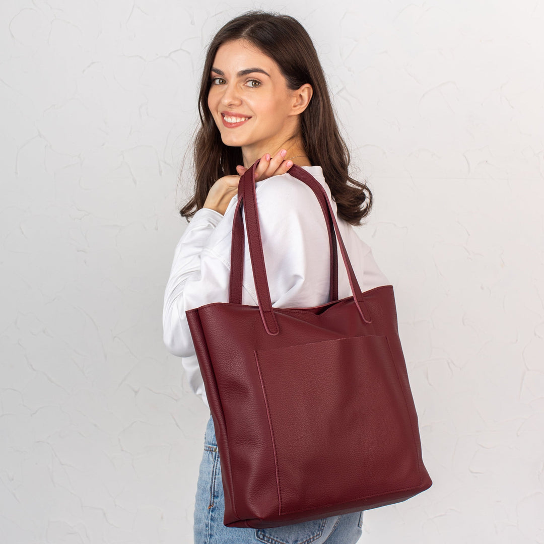 Burgundy pebbled leather tote bag - Leather Purse Backpack