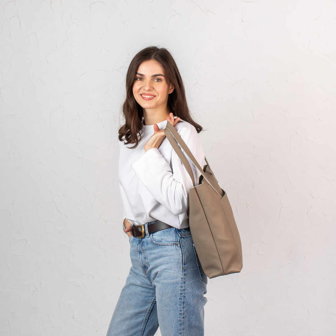 Stonish Beige pebbled leather tote bag - Leather Purse Backpack