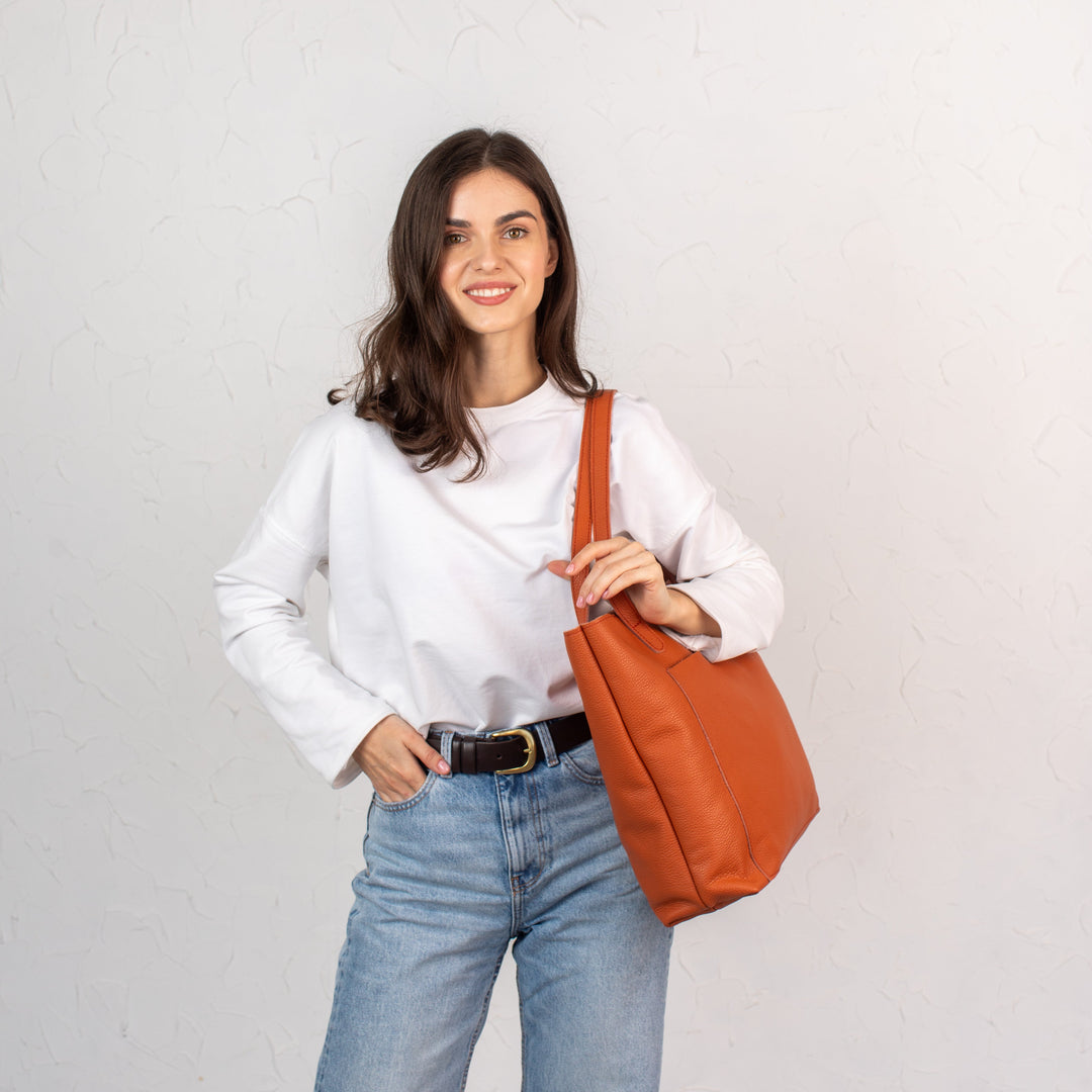 Orange pebbled leather tote bag - Leather Purse Backpack