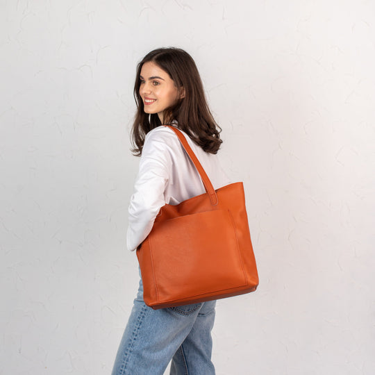 Orange pebbled leather tote bag - Leather Purse Backpack