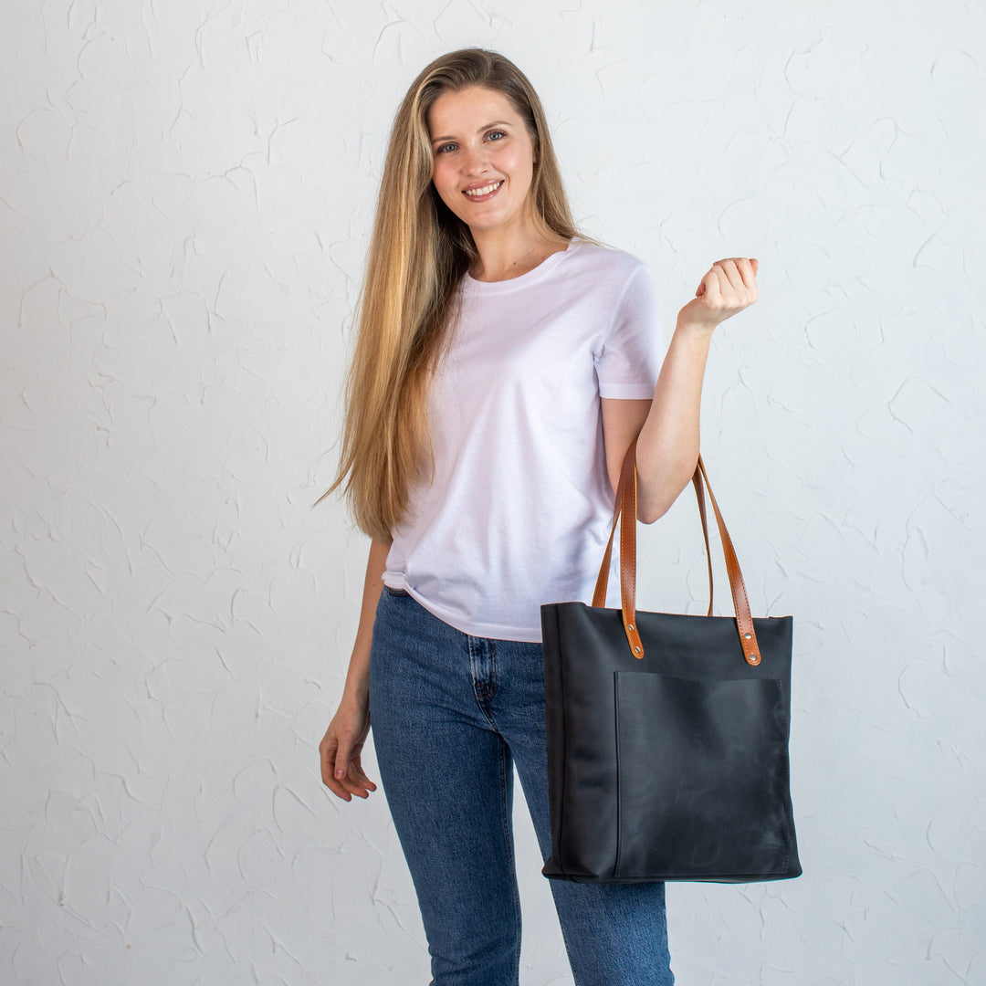 Black Smooth Pebbled Leather Tote Bag - Leather Purse Backpack