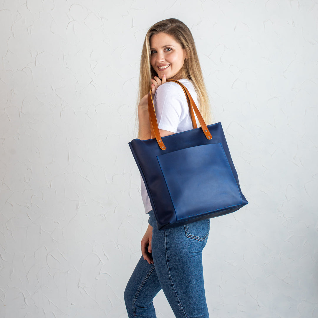 Blue Smooth Pebbled Leather Tote Bag - Leather Purse Backpack