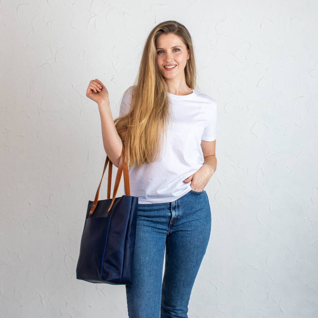 Blue Smooth Pebbled Leather Tote Bag - Leather Purse Backpack