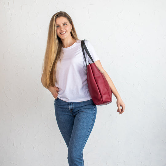 Burgundy Pebbled Leather Tote Bag - Leather Purse Backpack