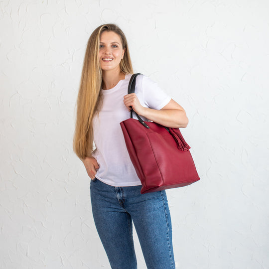 Burgundy Pebbled Leather Tote Bag - Leather Purse Backpack