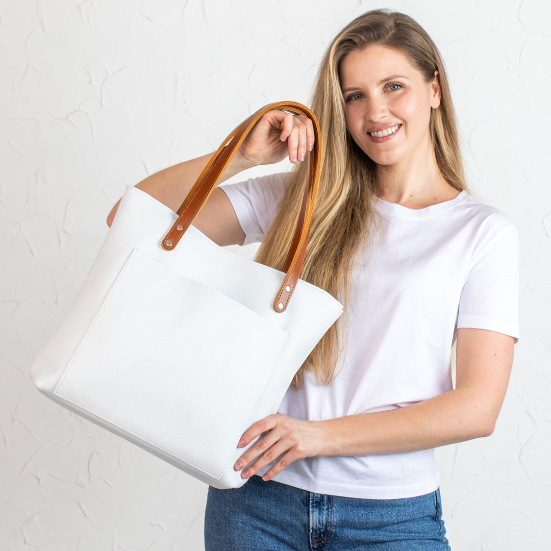 White Pebbled Leather Tote Bag - Leather Purse Backpack