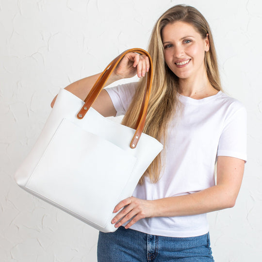 White Pebbled Leather Tote Bag - Leather Purse Backpack