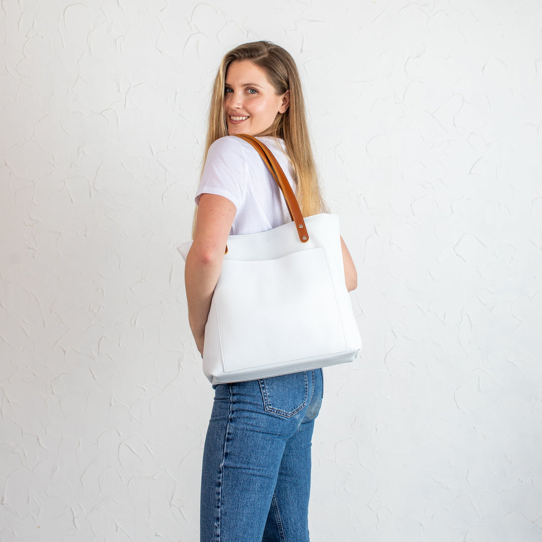White Pebbled Leather Tote Bag - Leather Purse Backpack