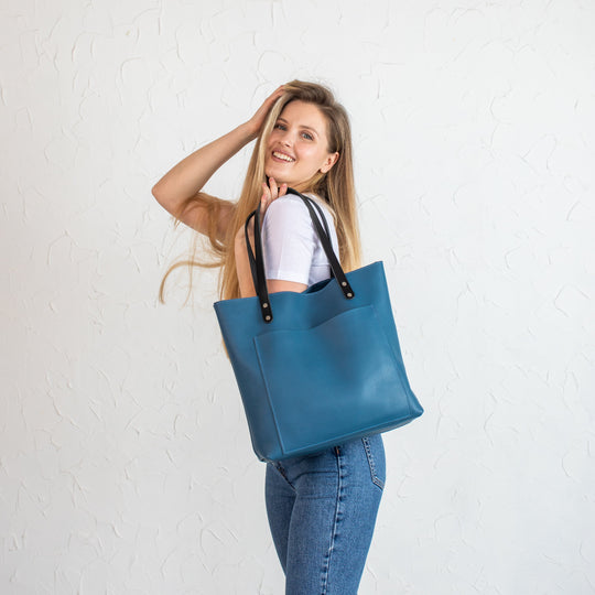 Blue Pebbled Leather Tote Bag - Leather Purse Backpack