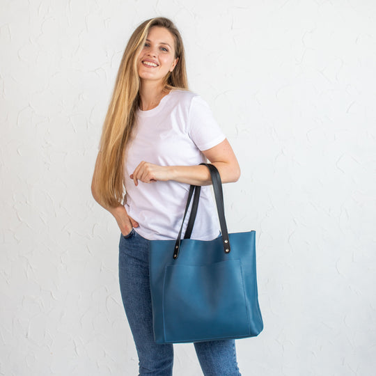 Blue Pebbled Leather Tote Bag - Leather Purse Backpack