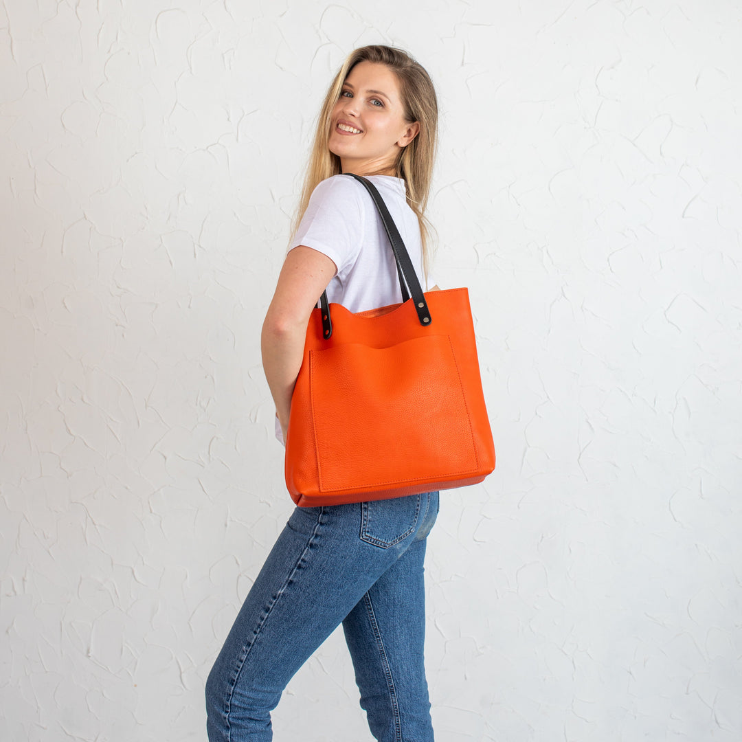 Orange Pebbled Leather Tote Bag - Leather Purse Backpack