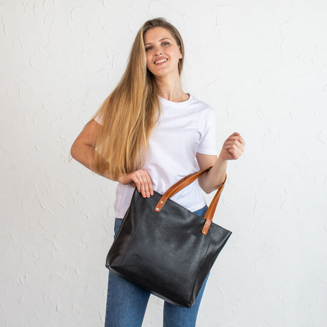 Black Pebbled Leather Tote Bag - Leather Purse Backpack