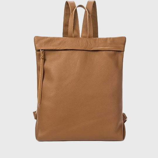 Large genuine leather backpack with simple design in black, apricot, and brown