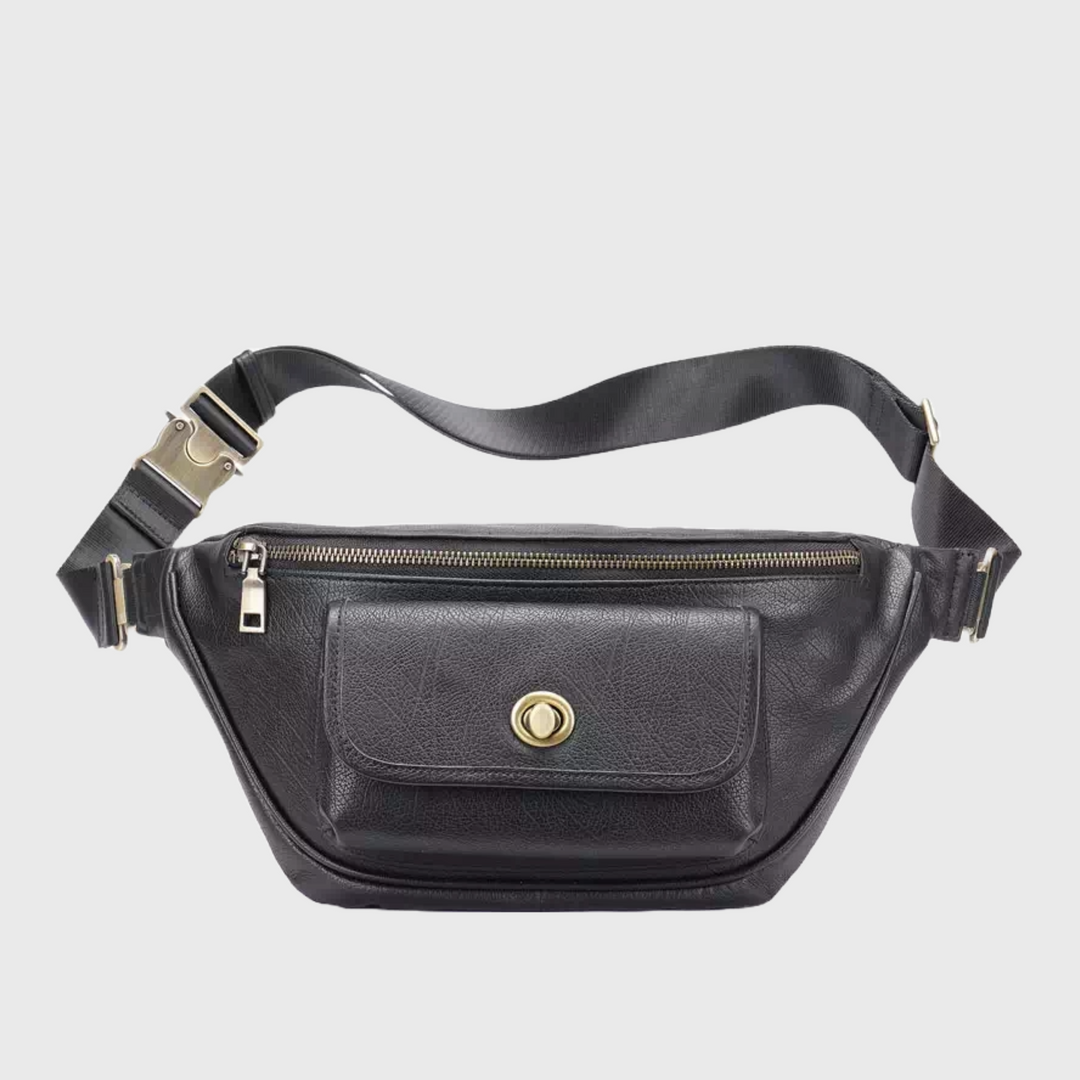 Classic men's black leather fanny pack crossbody sling