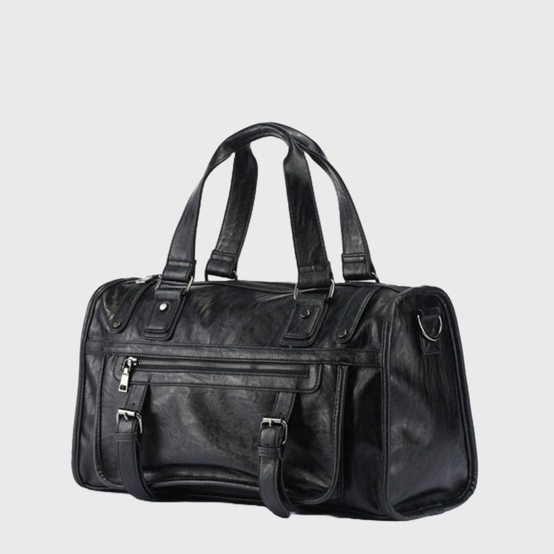 Black designer leather shoulder travel bag