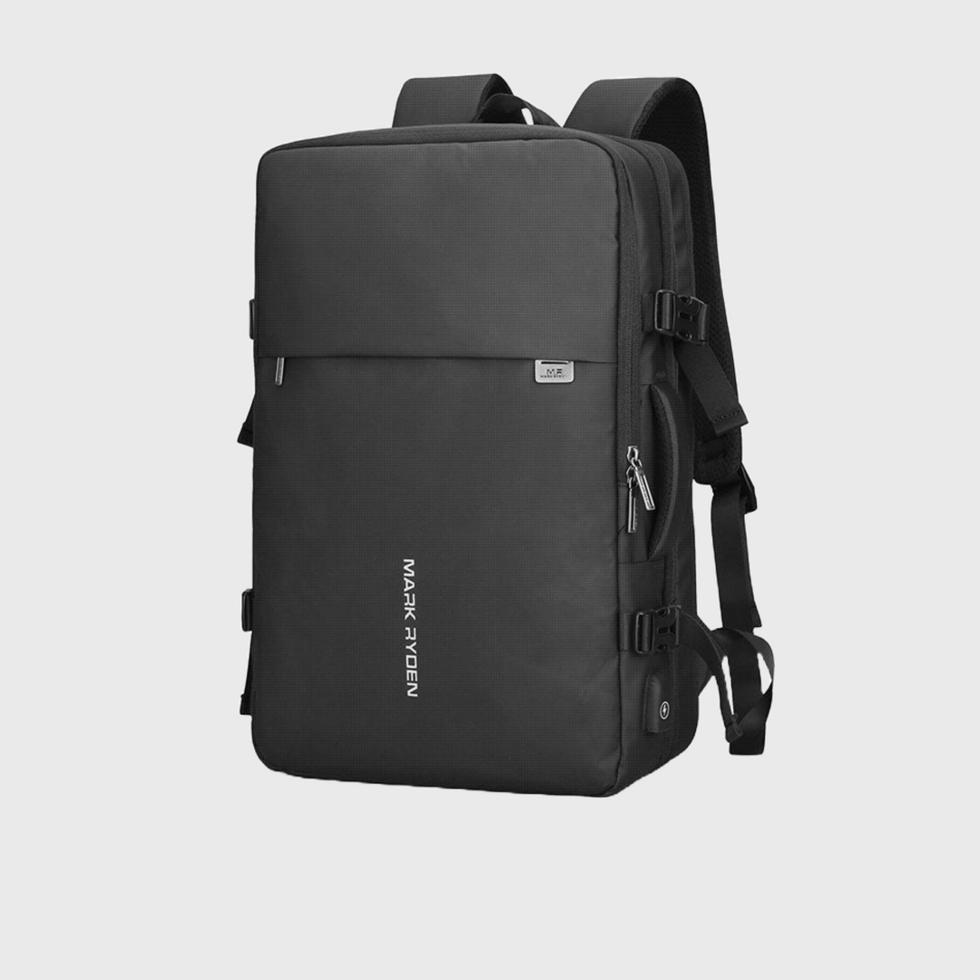 Black expandable backpack with charging port