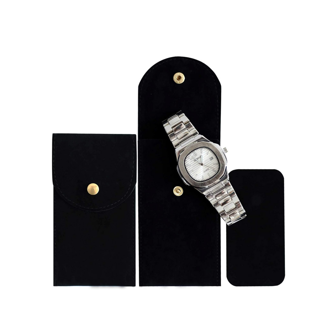 Black Flannel Single Slot Fabric Watch Pouch - Leather Purse Backpack