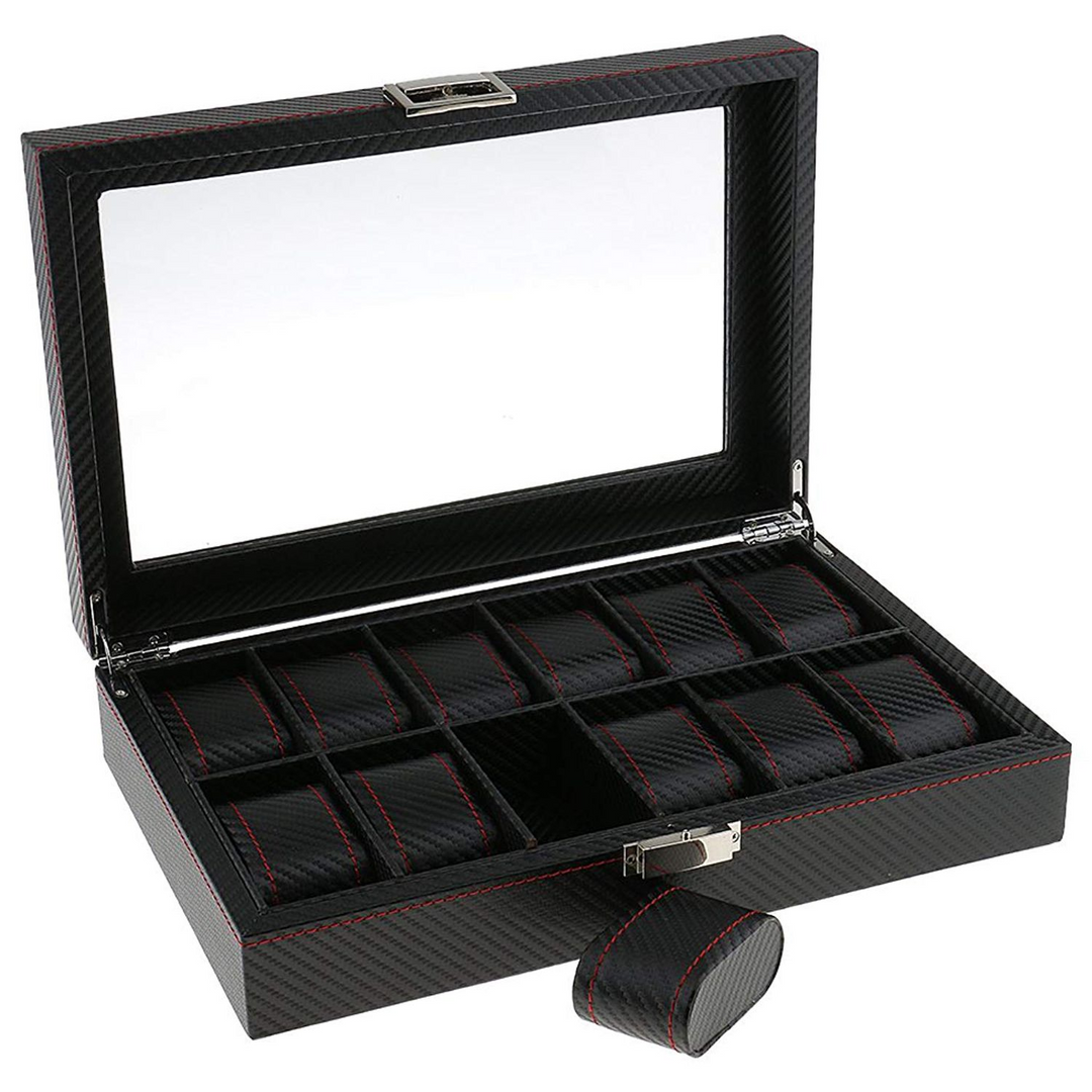 Dark Gray High Carbon Fiber Watch and Jewelry Display Storage Box - Leather Purse Backpack