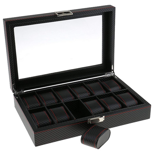 Dark Gray High Carbon Fiber Watch and Jewelry Display Storage Box - Leather Purse Backpack