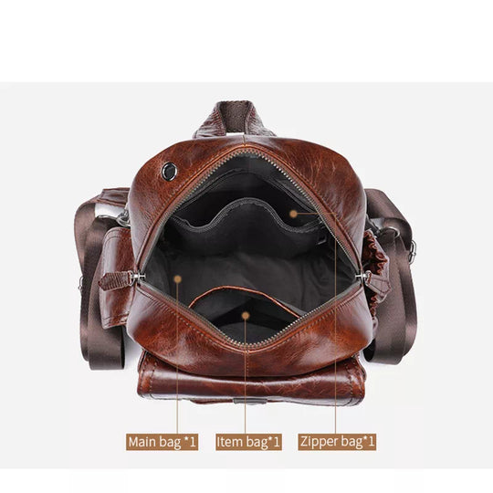 Distinctive women's backpack purse with antique accents