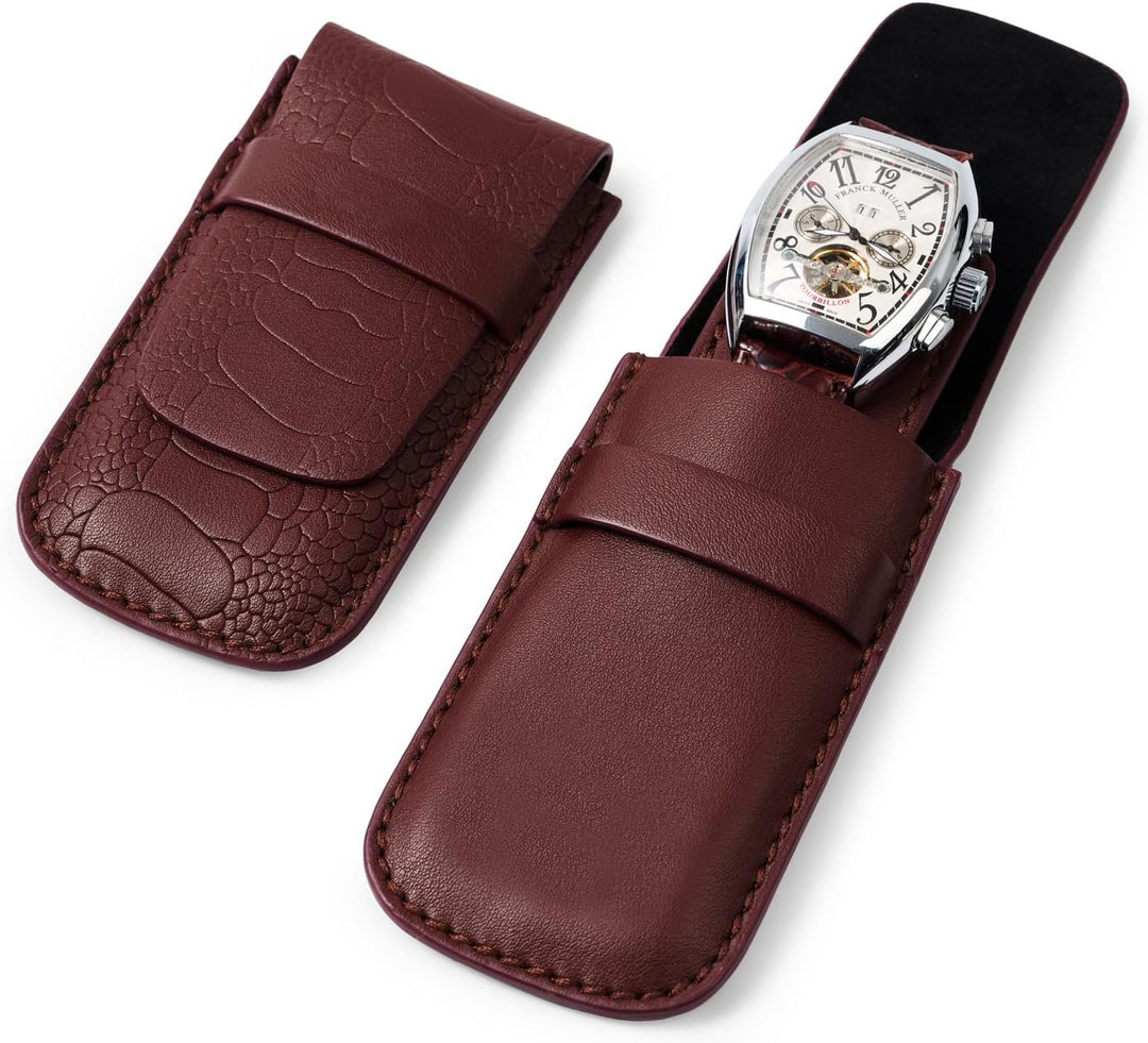 Classic Burgundy Single Slot Leather Flap Watch Pouch - Leather Purse Backpack