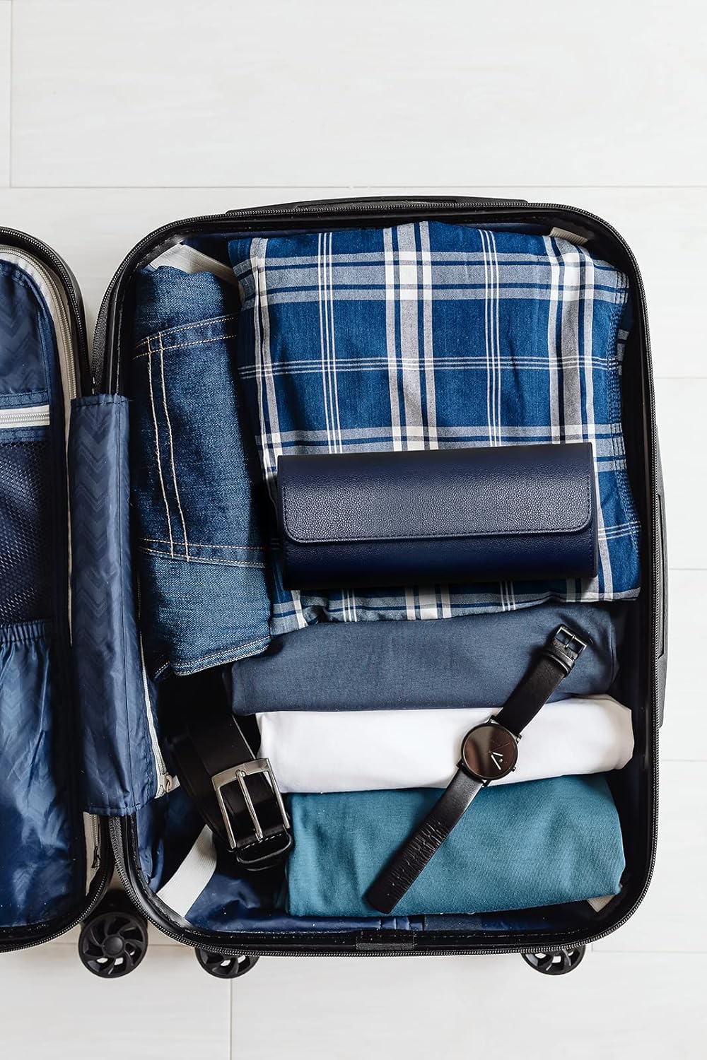 Stylish Blue Watch Case for 3 Watches - Leather Purse Backpack