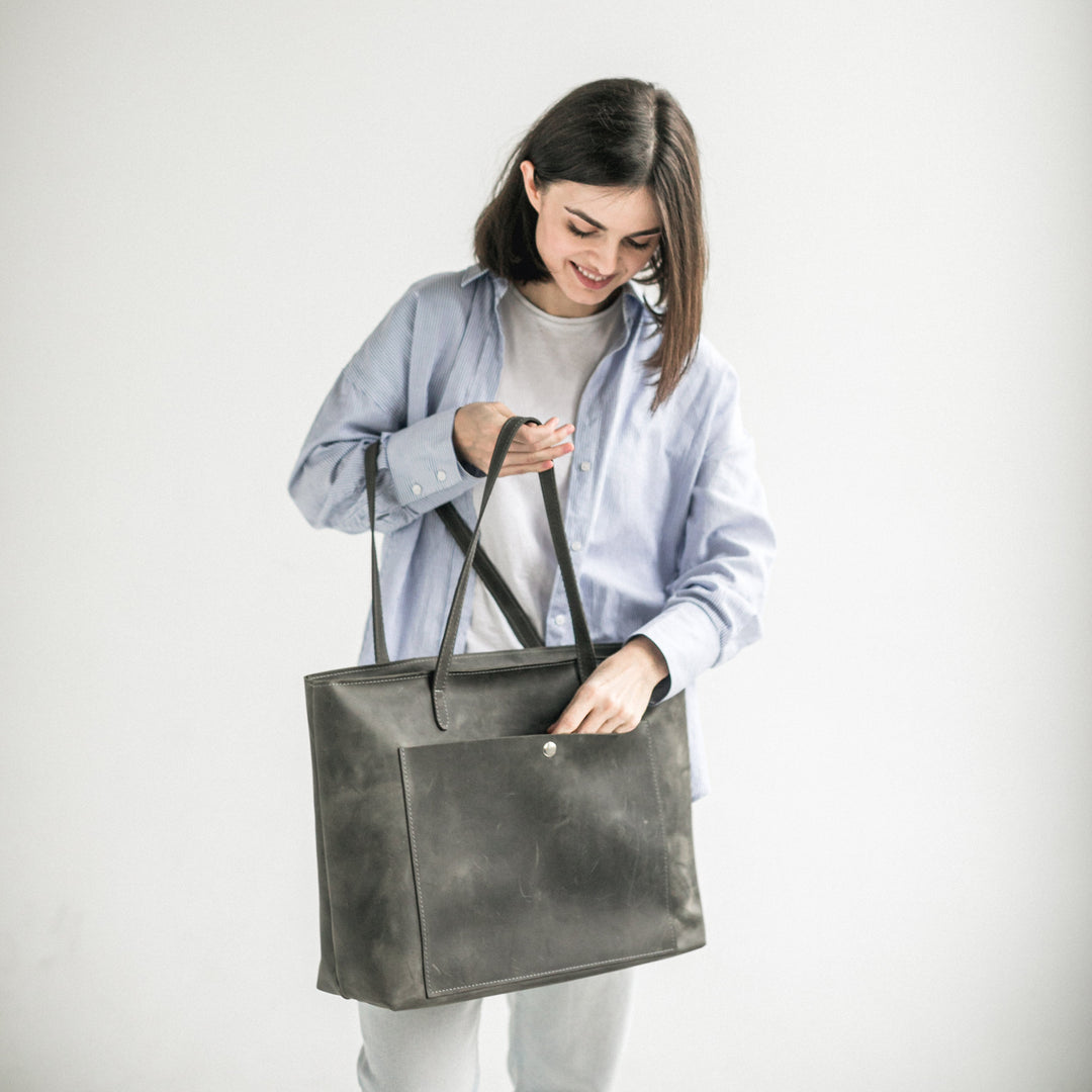 Grey leather tote bag - Leather Purse Backpack