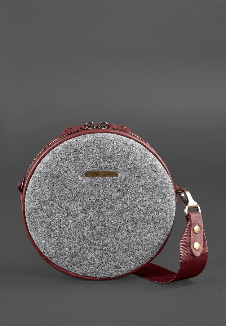 Women's Round Felt Bag with Black Leather Inserts - Leather Purse Backpack