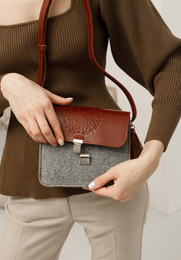 Designer Women's Felt Boho Bag with Leather Inserts - Leather Purse Backpack