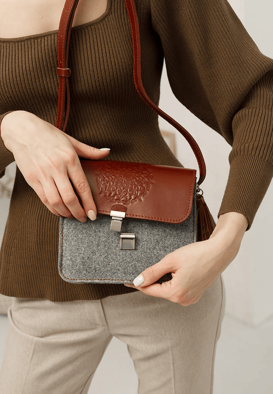 Designer Women's Felt Boho Bag with Leather Inserts - Leather Purse Backpack