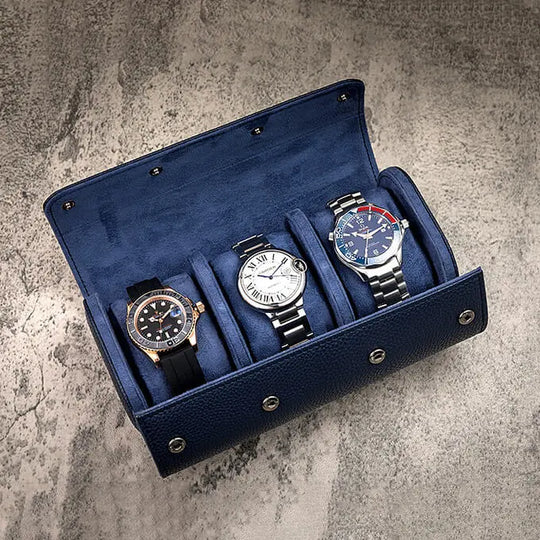 Stylish Blue Watch Case for 3 Watches - Leather Purse Backpack