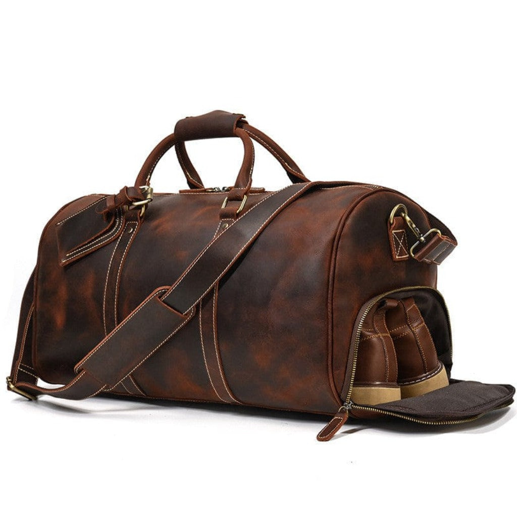 Modern design brown leather crossbody weekend duffle