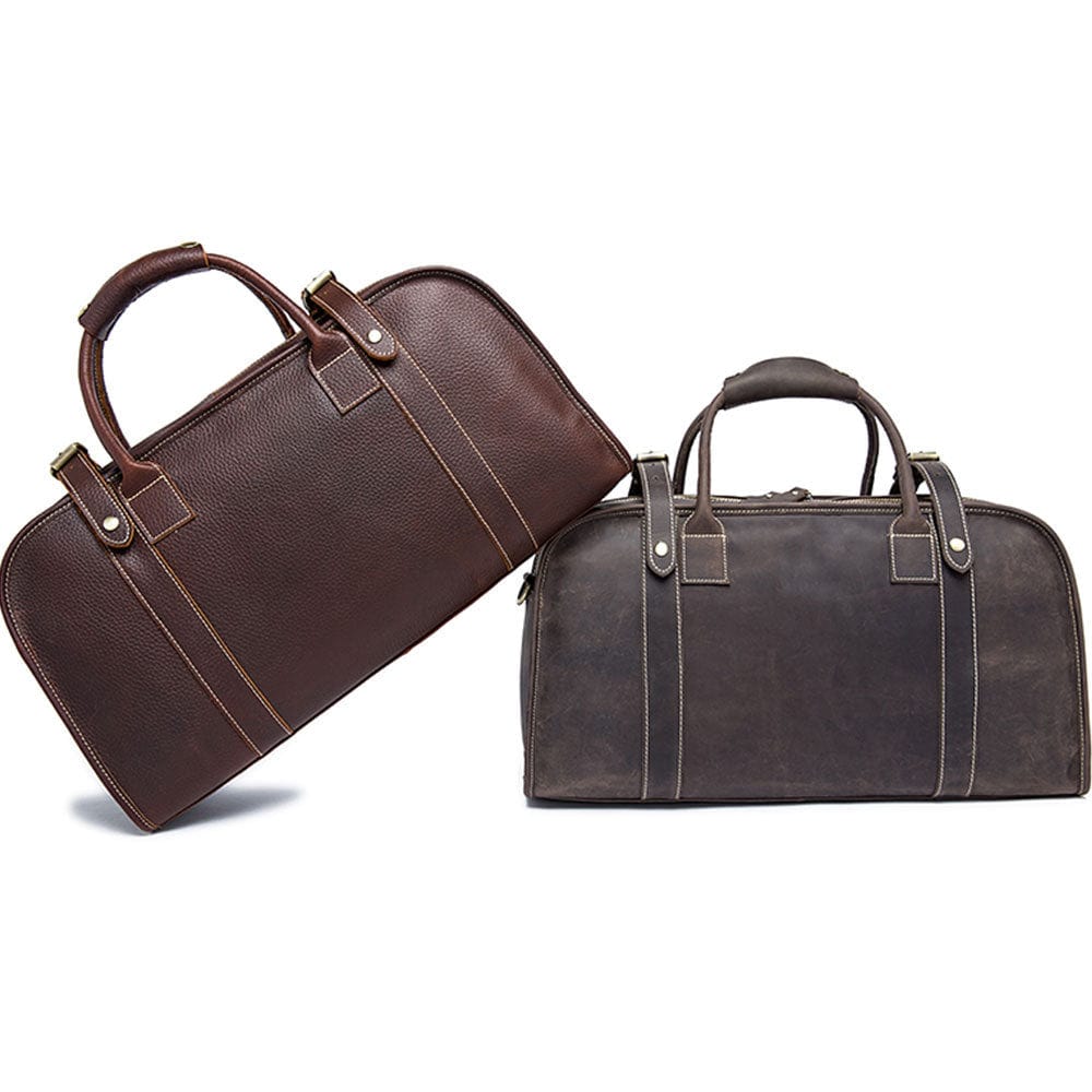 Elegant and trendy brown leather crossbody gym duffle