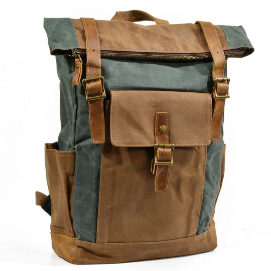 Stylish Men's Canvas Backpack with Padded Laptop Compartment - Leather Purse Backpack