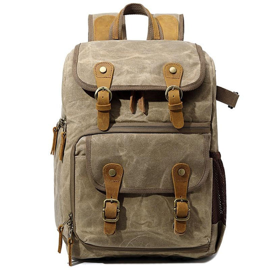 Durable Canvas Camera Bag with Padded Compartments - Leather Purse Backpack