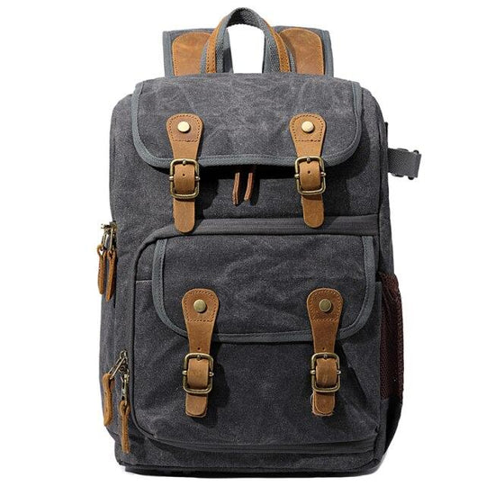 Durable Canvas Camera Bag with Padded Compartments - Leather Purse Backpack