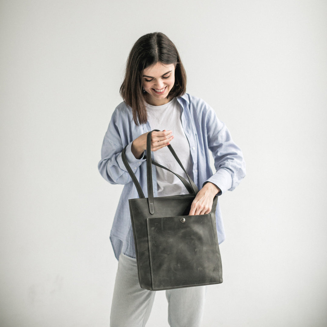 Grey leather tote bag - Leather Purse Backpack